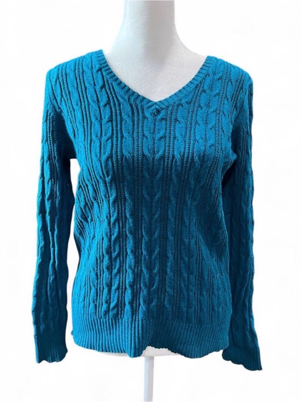 Teal Cable Knit V-Neck Sweater - Women